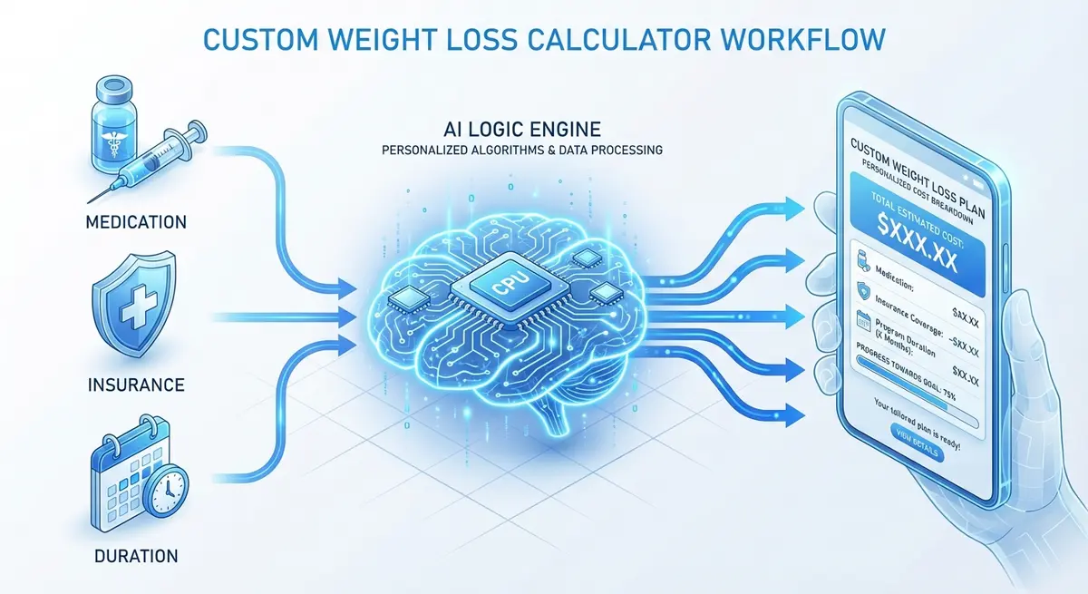 Diagram showing how a custom weight loss program cost calculator cost engine processes medication and insurance data