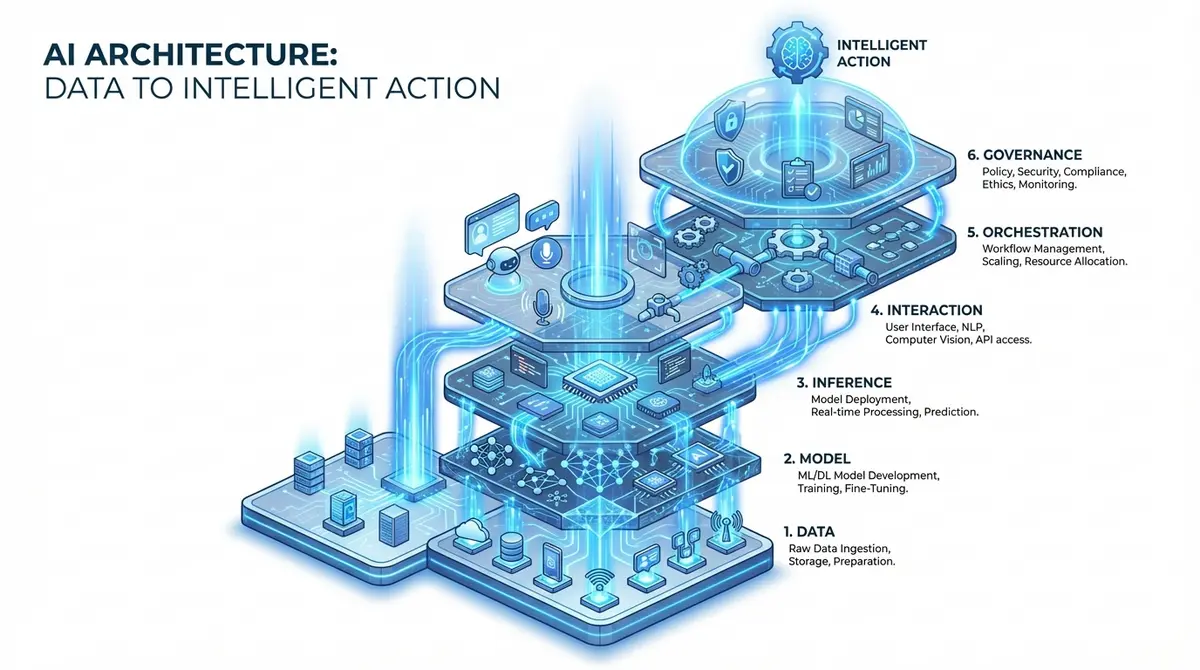 Infographic showing the 6 core components of an AI Layer for Business