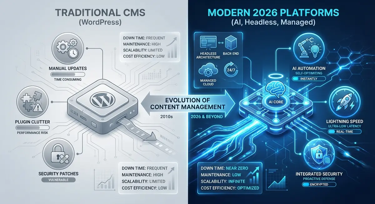 Infographic comparing Traditional WordPress maintenance vs Modern 2026 Platform automation