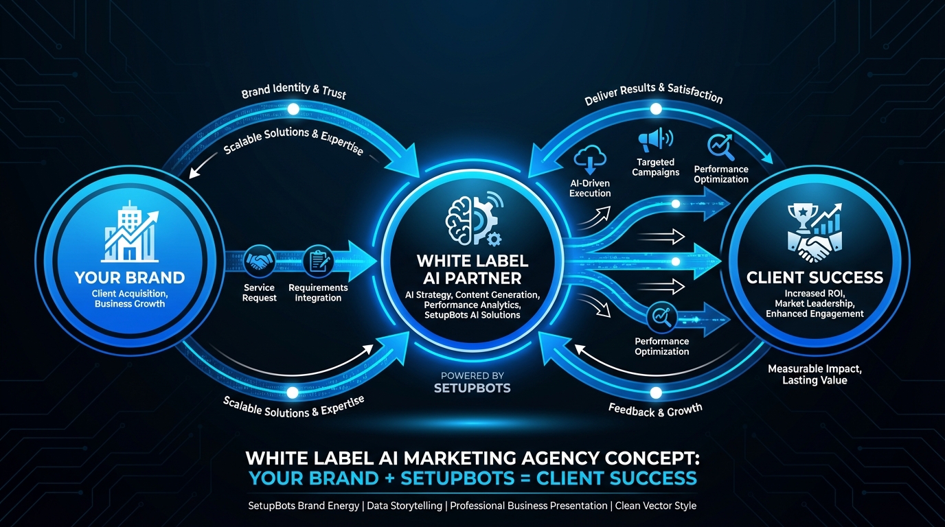 White label AI marketing agency infographic showing core concept