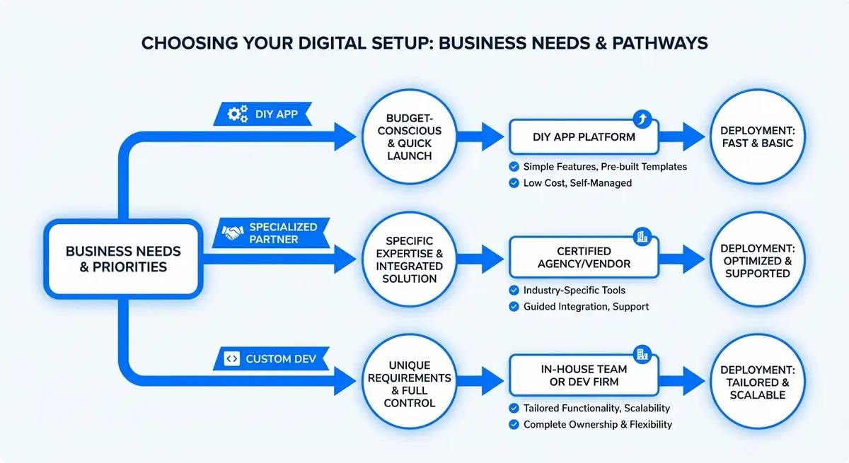 Infographic decision tree for who sets up ai customer support bots for shopify stores