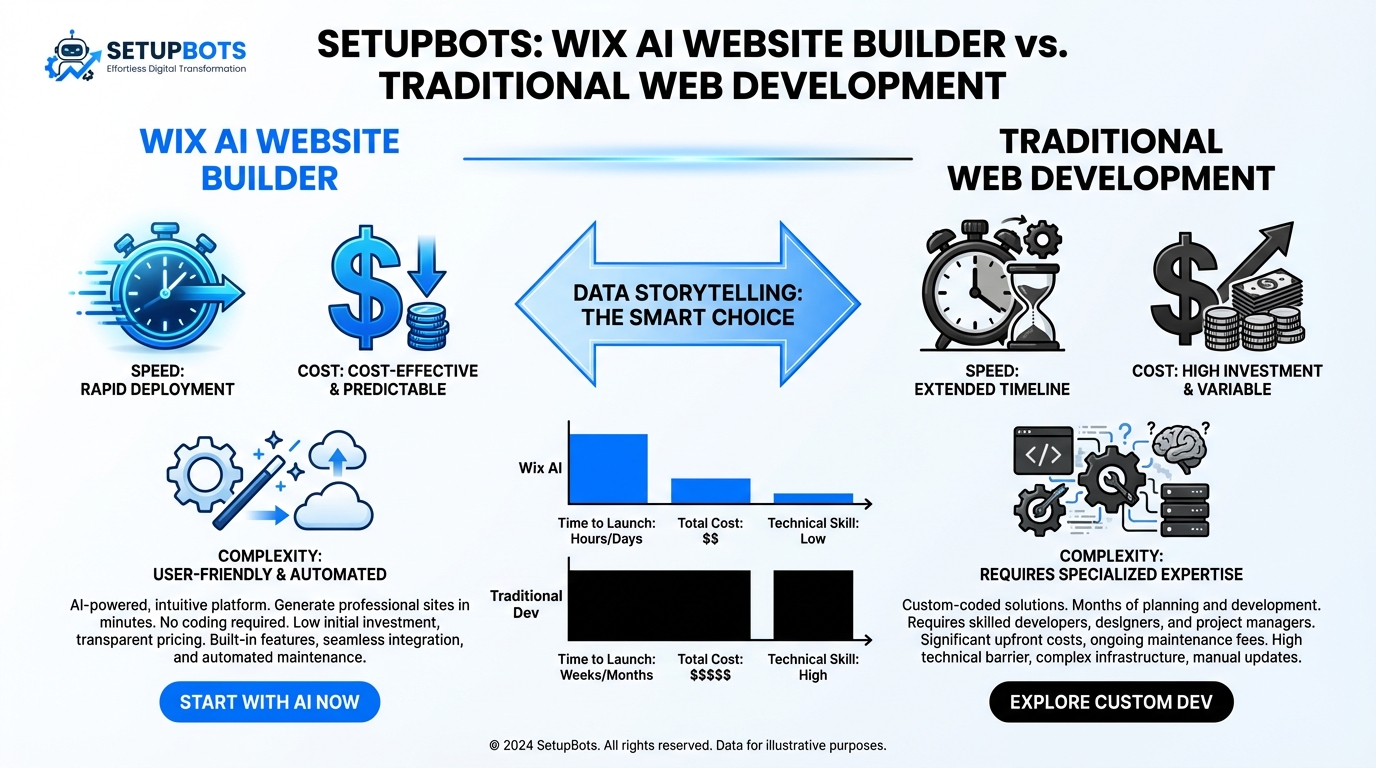 Wix AI website builder review infographic comparing AI-powered vs traditional web development methods