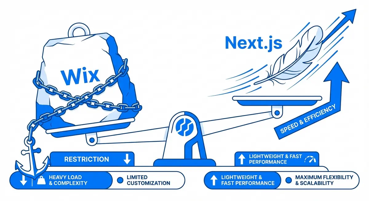 Infographic comparing Wix limitations versus Next.js freedom in the context of migration pricing