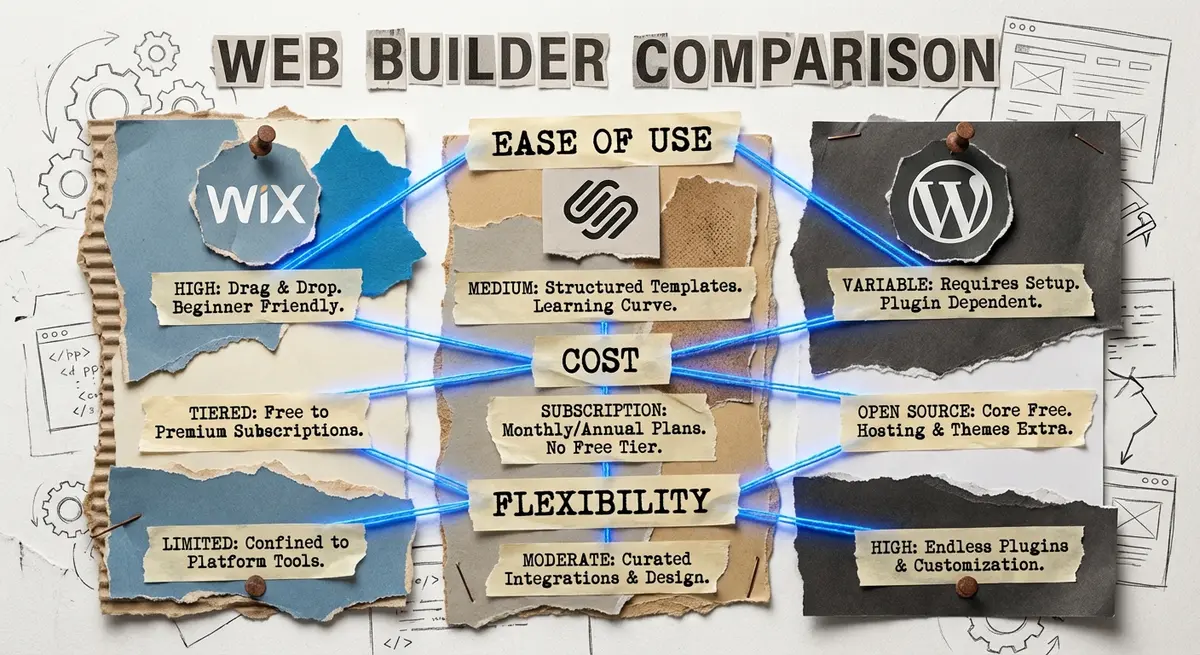 Infographic comparing Wix vs Squarespace vs WordPress features and ease of use