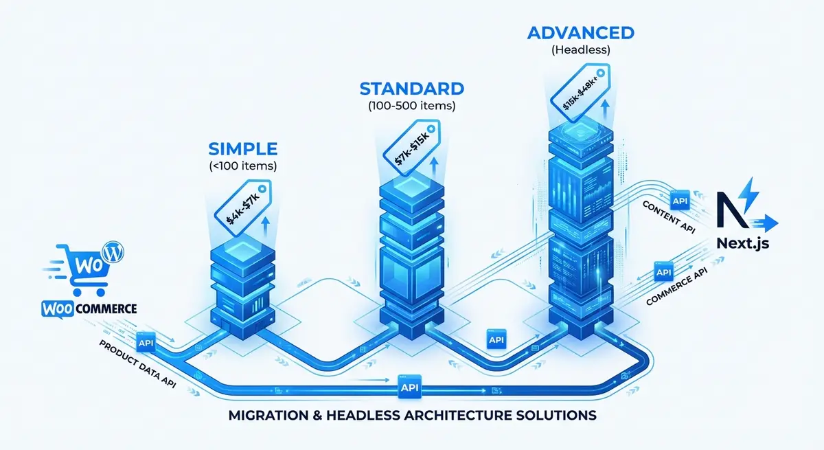 Infographic showing WooCommerce to Next.js migration pricing tiers from simple to headless