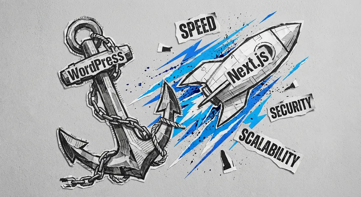 Infographic comparing WordPress liability versus Next.js performance speed