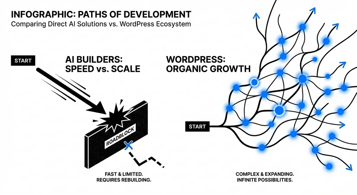 Infographic comparing linear AI builder limits vs scalable WordPress network growth for small business strategy