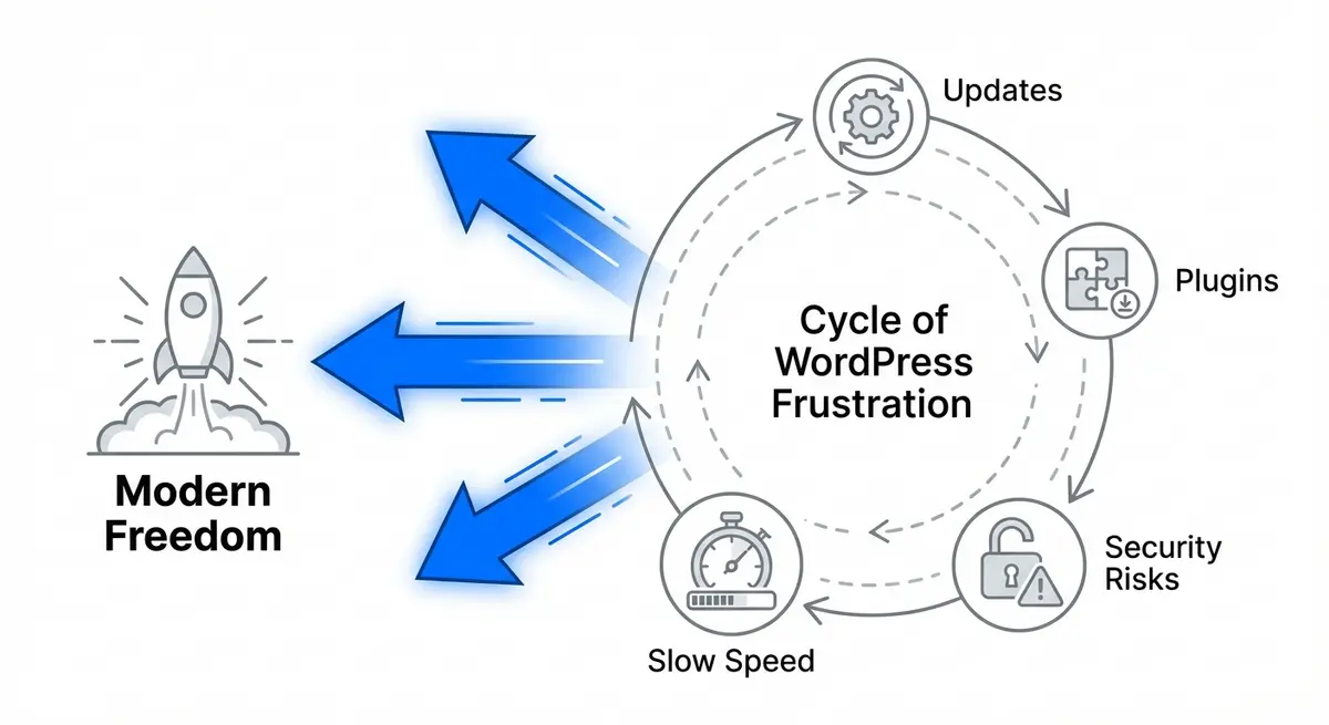 Infographic showing why users say I hate my WordPress website including maintenance and security issues