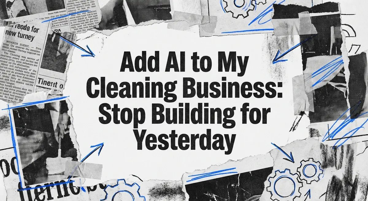 Add AI to My Cleaning Business torn paper collage with electric blue accents