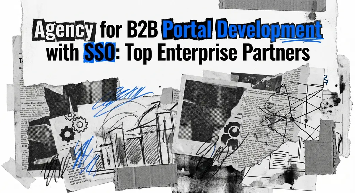Agency for B2B portal development with SSO featuring torn paper collage and electric blue accents