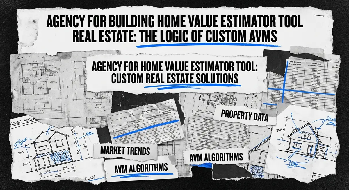 Agency for building home value estimator tool real estate collage with custom blueprints and blue accents