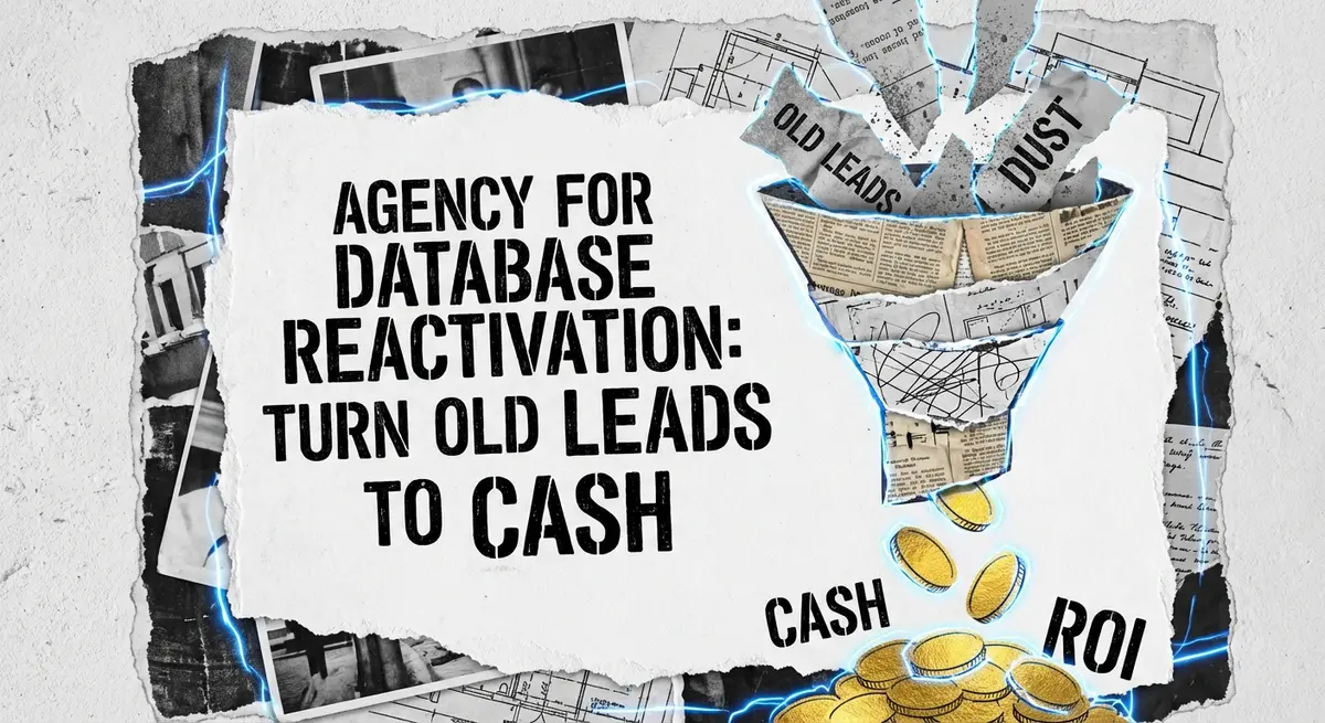 Agency for database reactivation system old leads to cash visualization using torn paper art style with blue accents