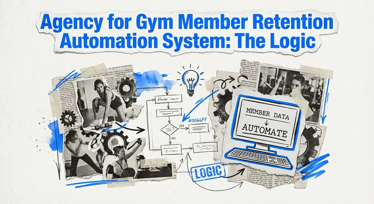 Agency for gym member retention automation system collage with torn paper and electric blue accents