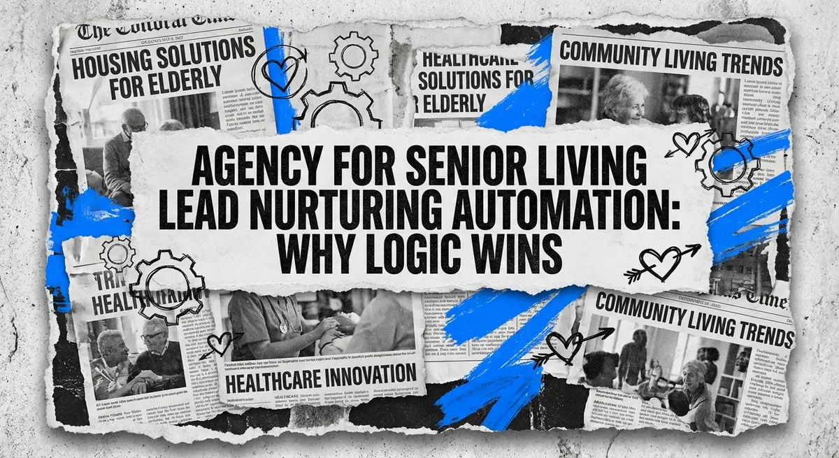 Agency for Senior Living Lead Nurturing Automation torn paper collage style with electric blue accents