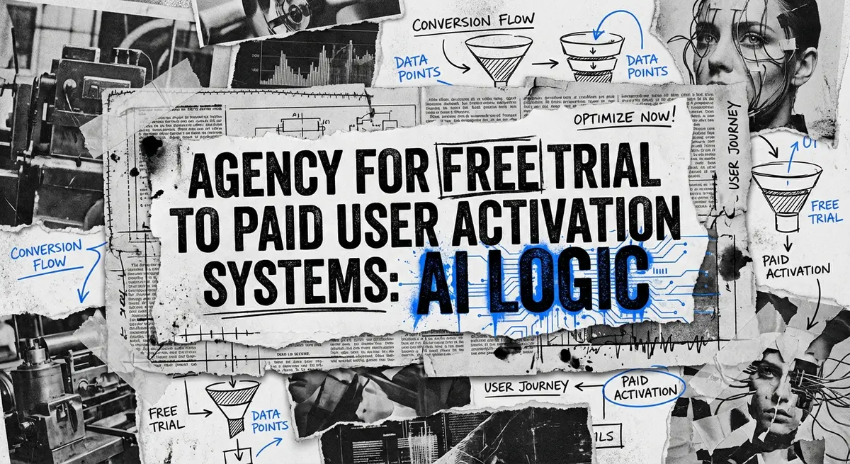Agency for free trial to paid user activation systems torn paper collage with electric blue accents