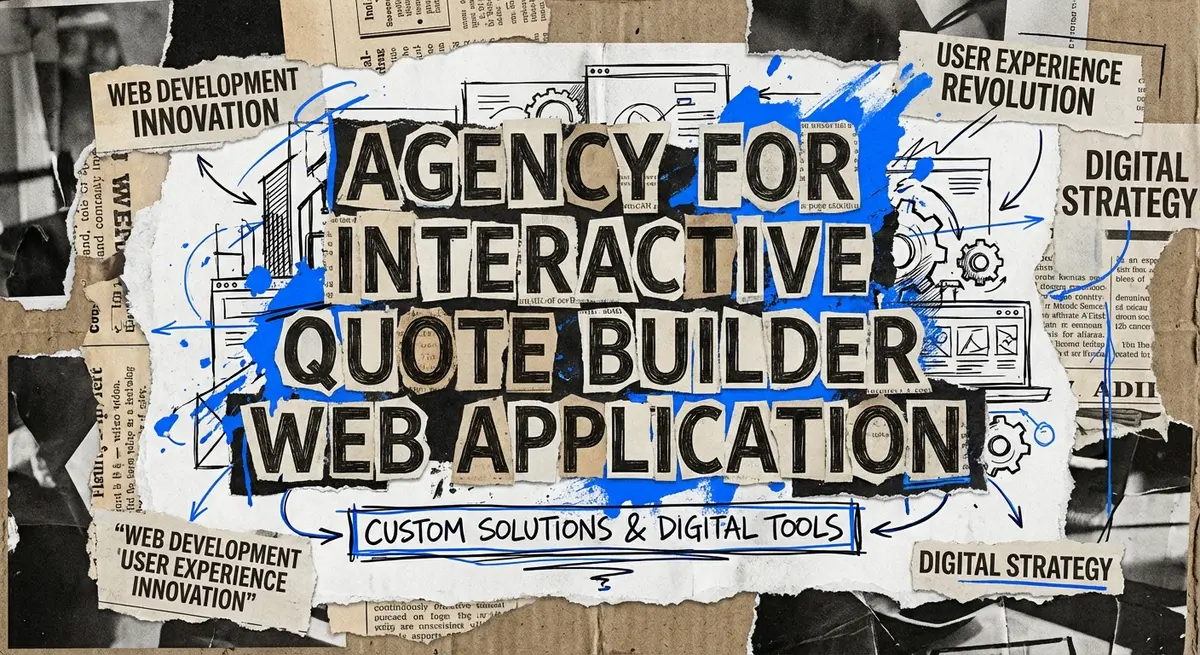 Torn paper collage art featuring Agency for interactive quote builder web application title with electric blue accents