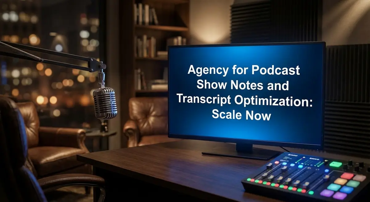 Agency for Podcast Show Notes and Transcript Optimization studio setup with blue lighting