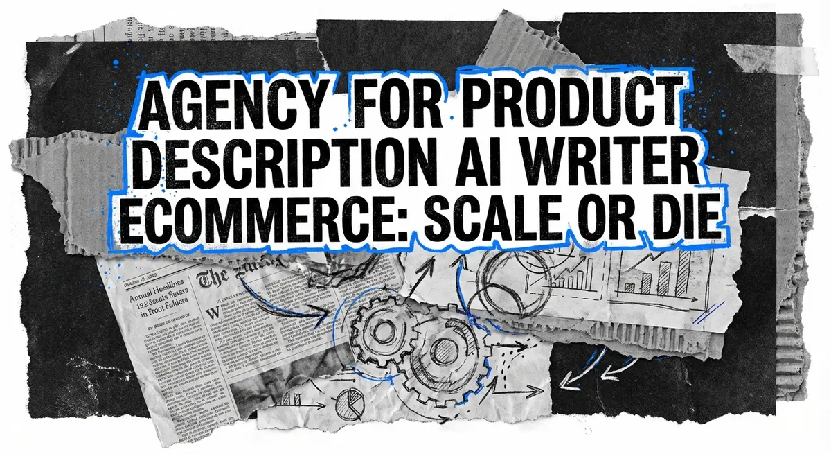 Agency for product description ai writer ecommerce Scale or Die torn paper collage art