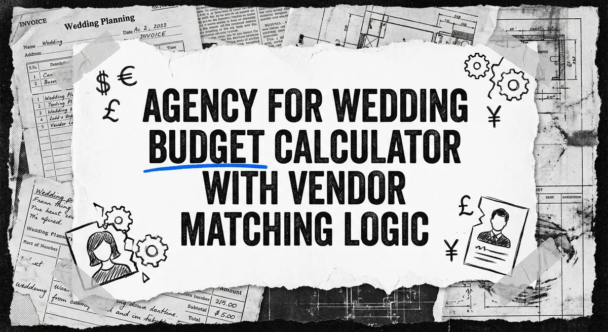 Agency for wedding budget calculator with vendor matching collage with torn paper and electric blue accents