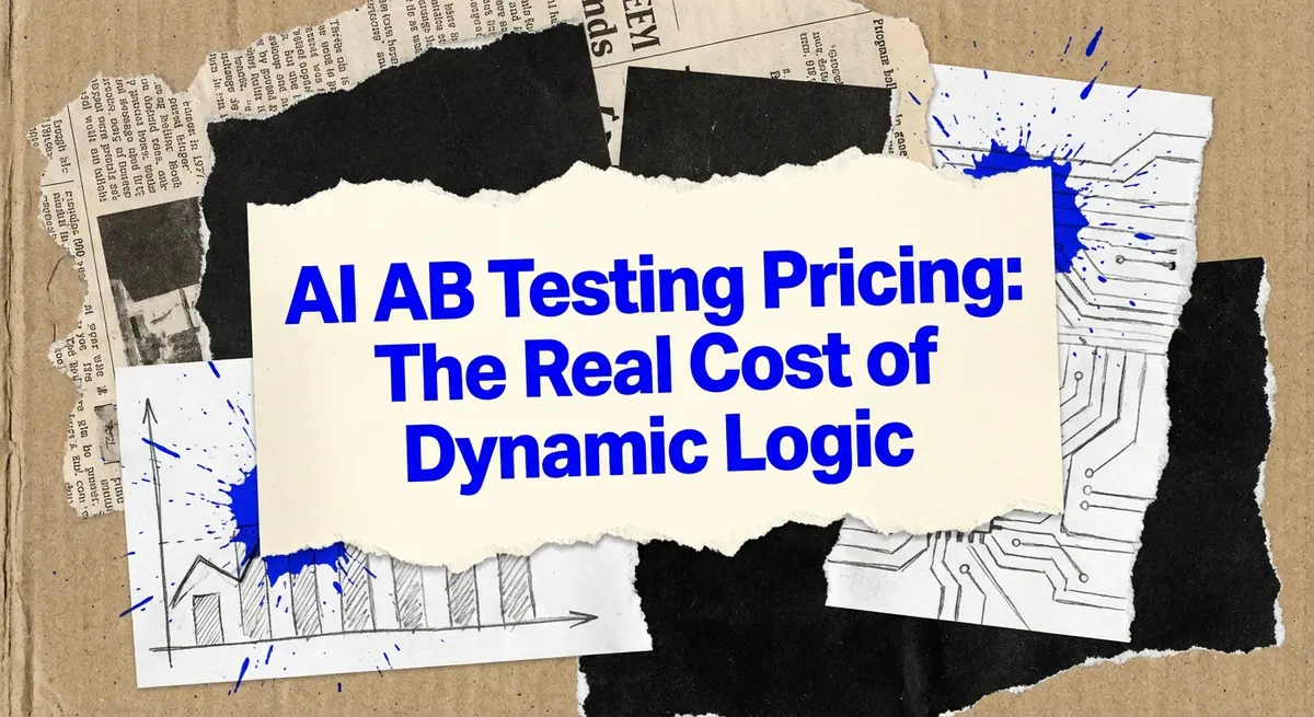 AI AB testing pricing collage with torn paper and electric blue accents representing dynamic logic