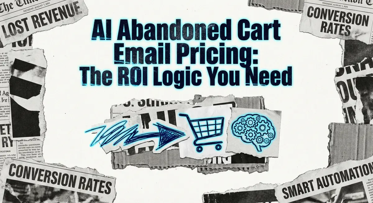 AI Abandoned Cart Email Pricing torn paper collage art with electric blue accents