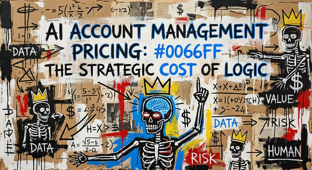 AI account management pricing abstract art concept with Basquiat style elements and electric blue accents
