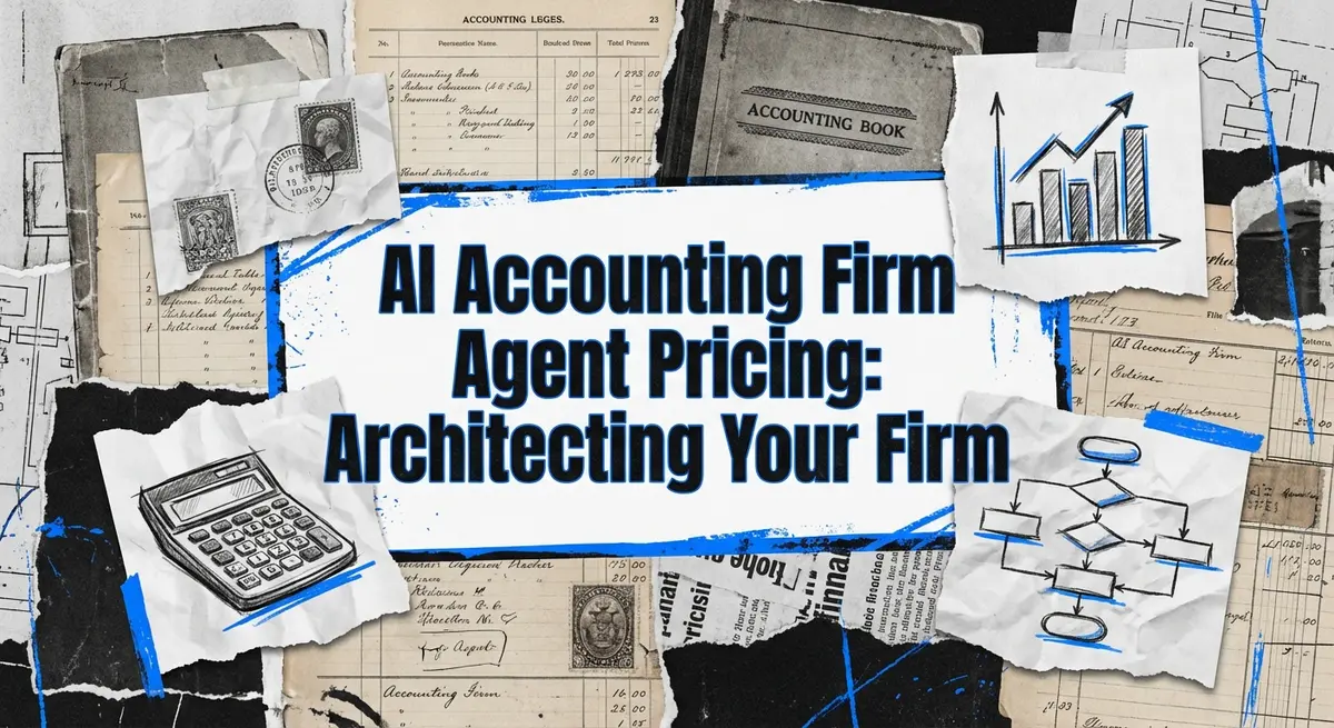 AI accounting firm agent pricing collage with torn paper and blue accents