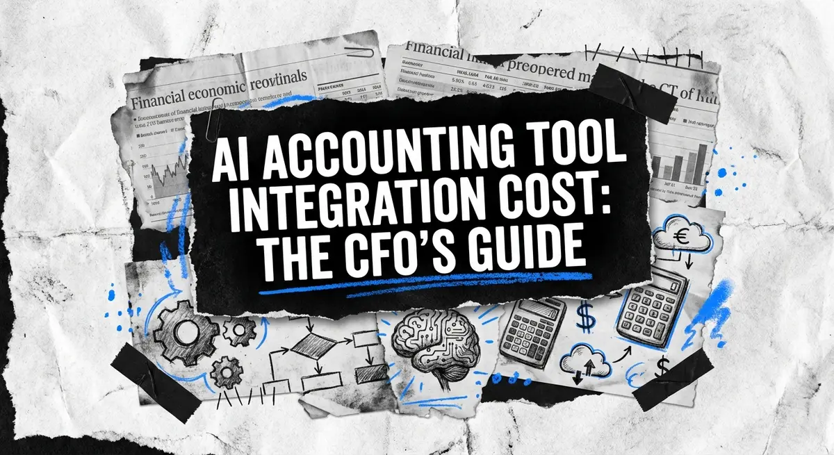 AI accounting tool integration cost collage with vintage financial papers and electric blue accents