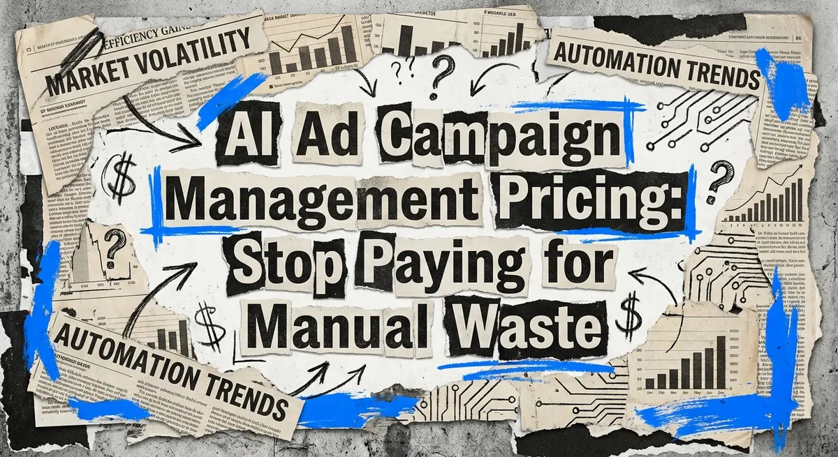 AI ad campaign management pricing collage with torn paper and financial charts