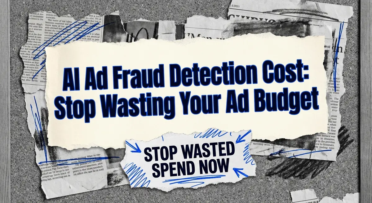 AI Ad Fraud Detection Cost torn paper collage with electric blue accents