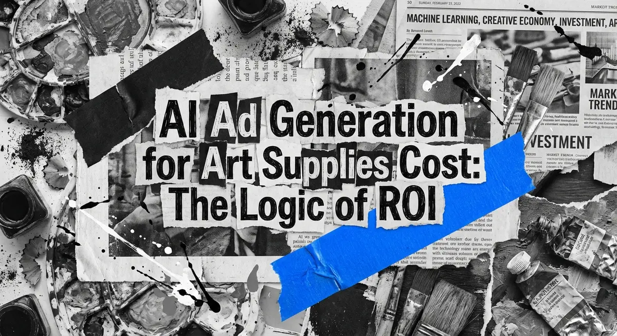 AI Ad Generation for Art Supplies Cost collage with torn paper and electric blue accents