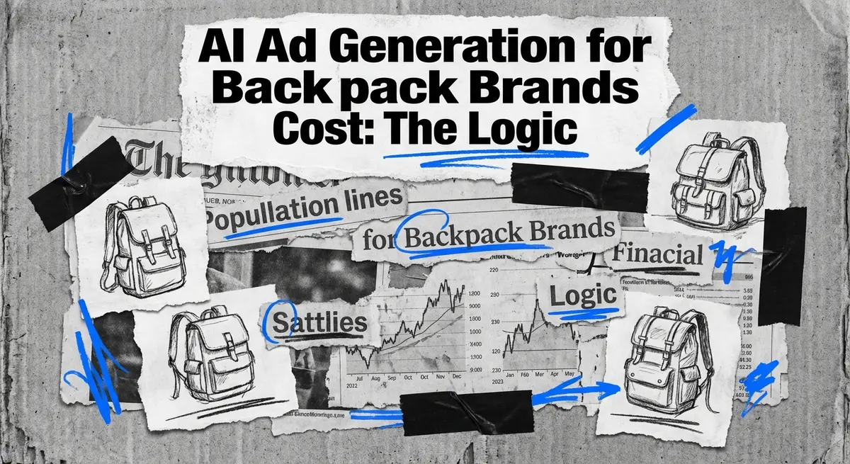 AI Ad Generation for Backpack Brands Cost abstract collage with torn paper and blue accents
