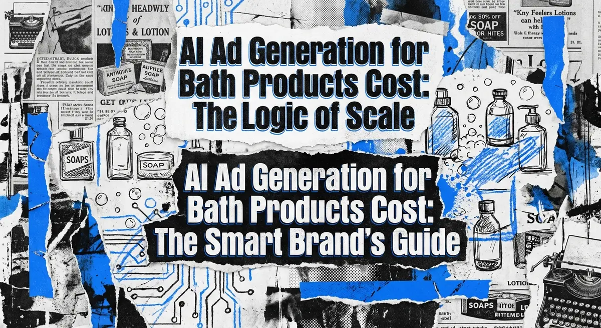 AI Ad Generation for Bath Products Cost collage with torn paper and blue accents
