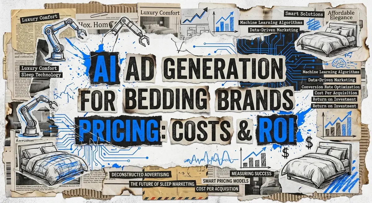 AI ad generation for bedding brands pricing costs and ROI torn paper collage with #0066FF blue accents