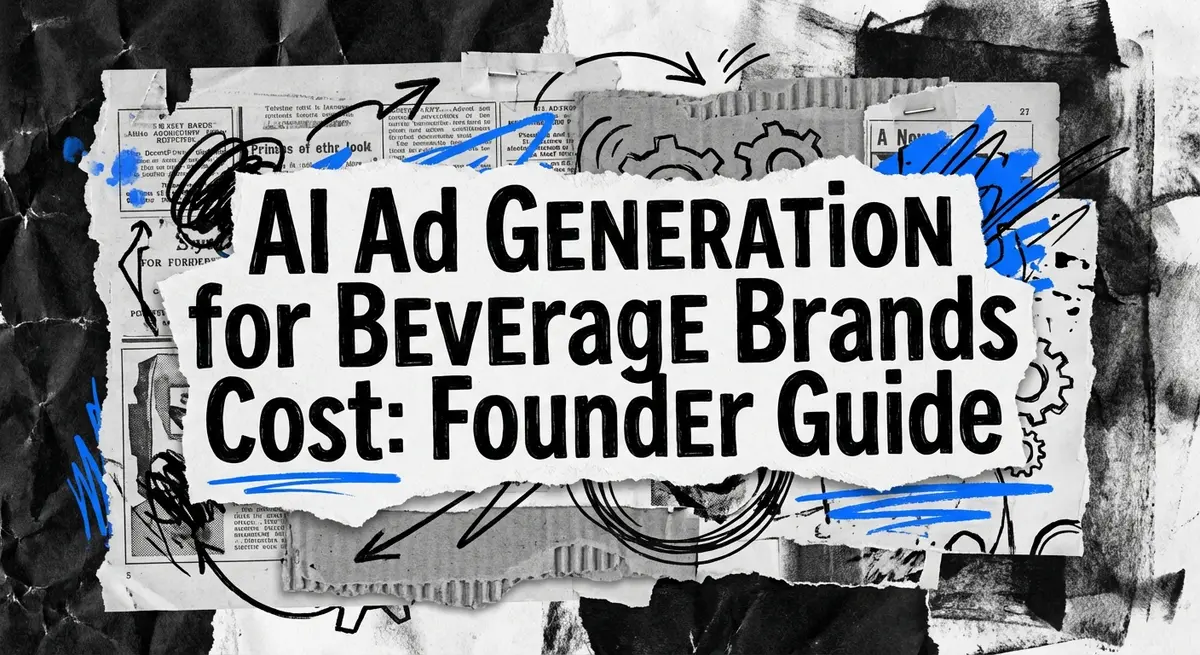 Torn paper collage featuring the text AI Ad Generation for Beverage Brands Cost Founder Guide with electric blue accents