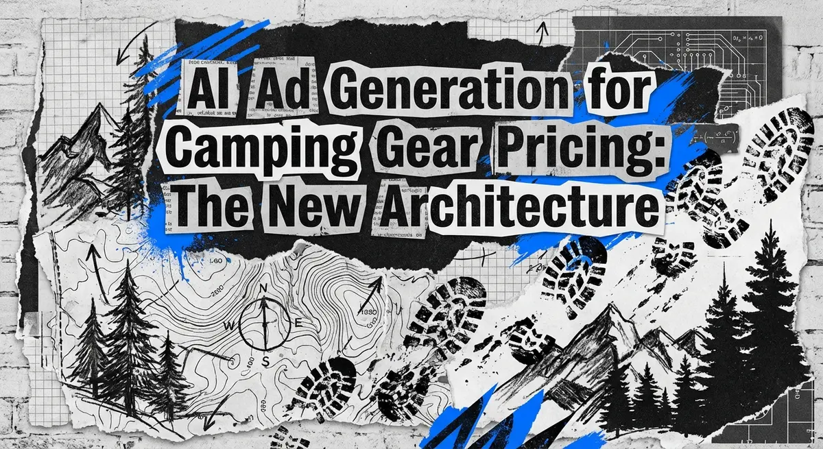 AI Ad Generation for Camping Gear Pricing collage with torn paper and topographic maps