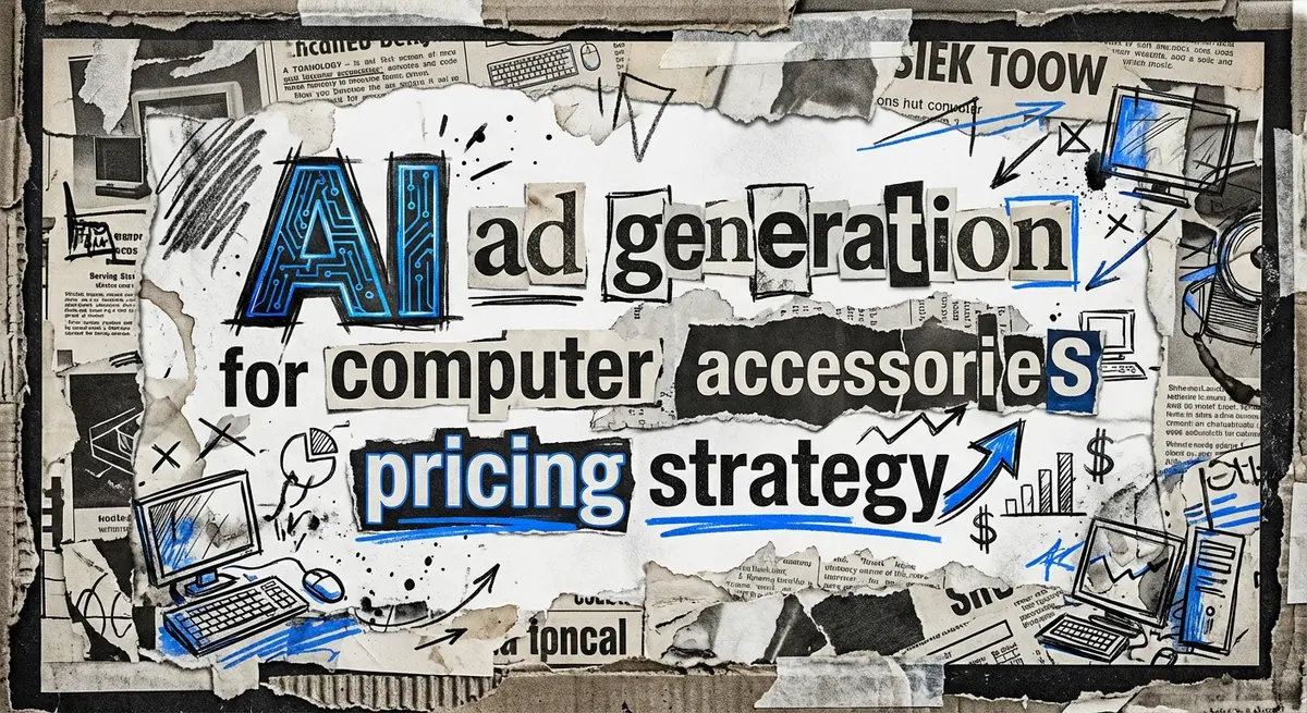 AI ad generation for computer accessories pricing collage with torn paper and electric blue accents