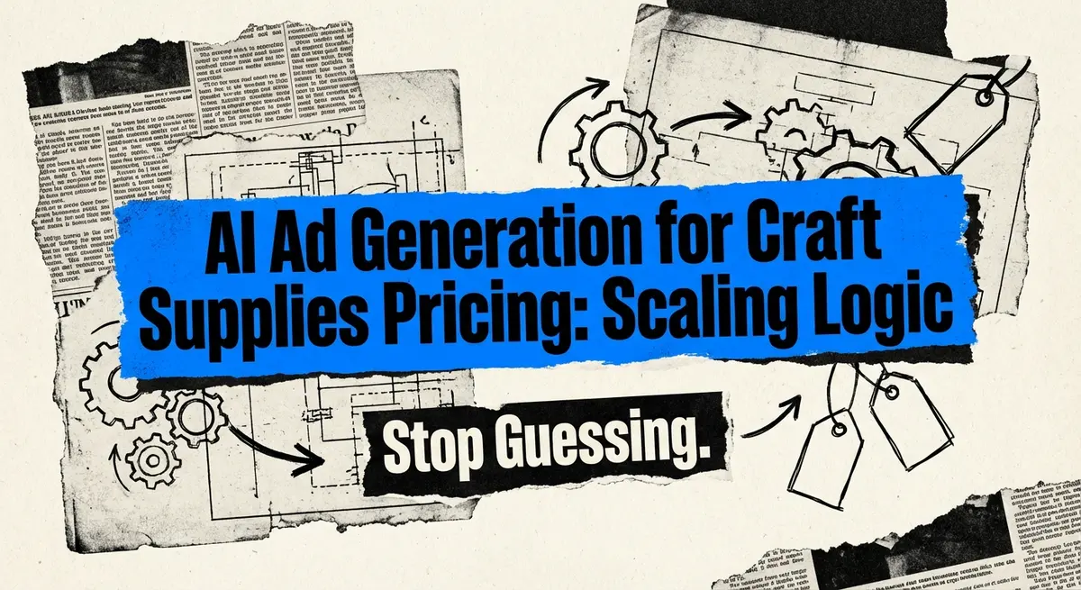 Torn paper collage featuring the title AI Ad Generation for Craft Supplies Pricing in electric blue