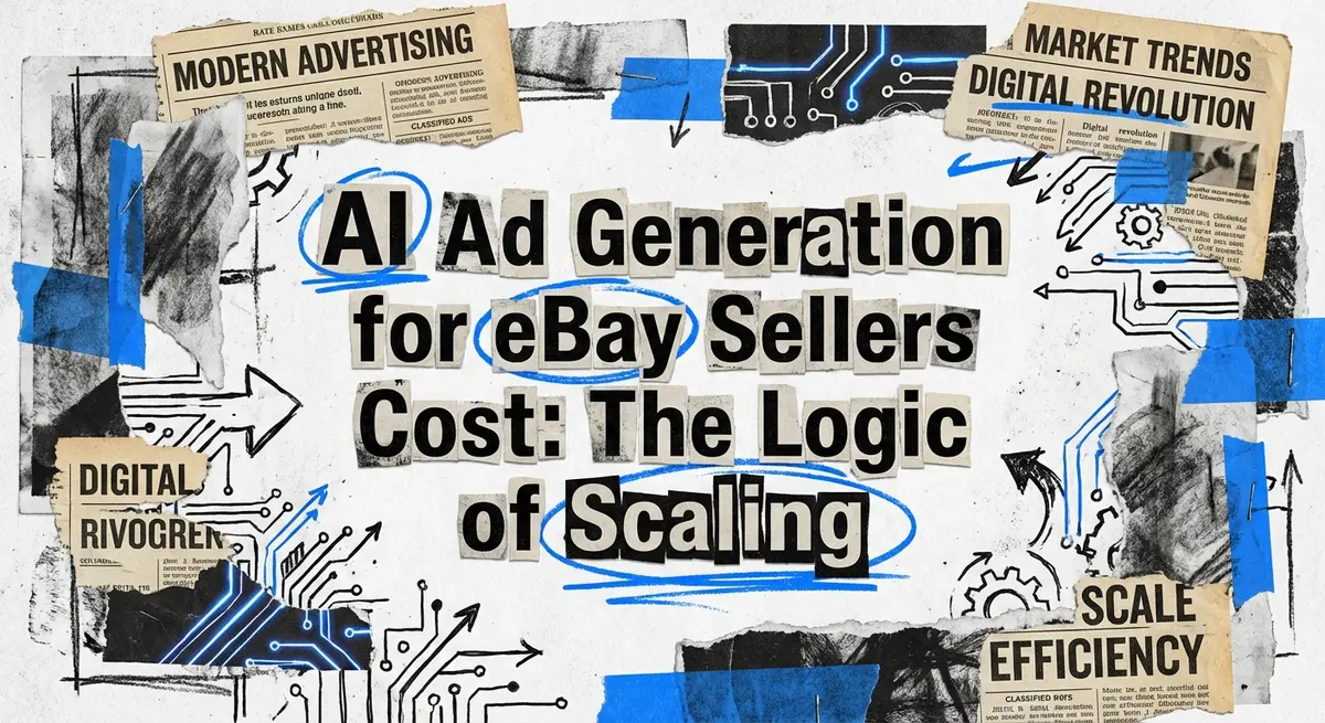 AI ad generation for ebay sellers cost torn paper collage with electric blue accents