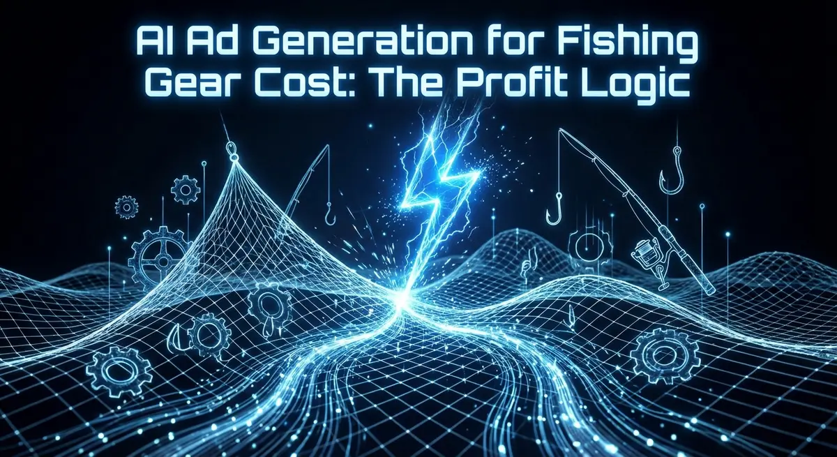 Futuristic visualization of ai ad generation for fishing gear cost with electric blue lightning striking digital water