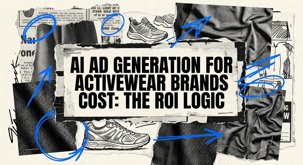 Torn paper collage illustrating ai ad generation for activewear brands cost reduction