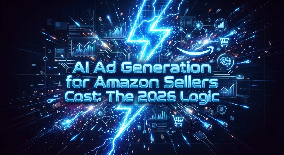AI Ad Generation for Amazon Sellers Cost visualization with electric blue lightning and digital elements