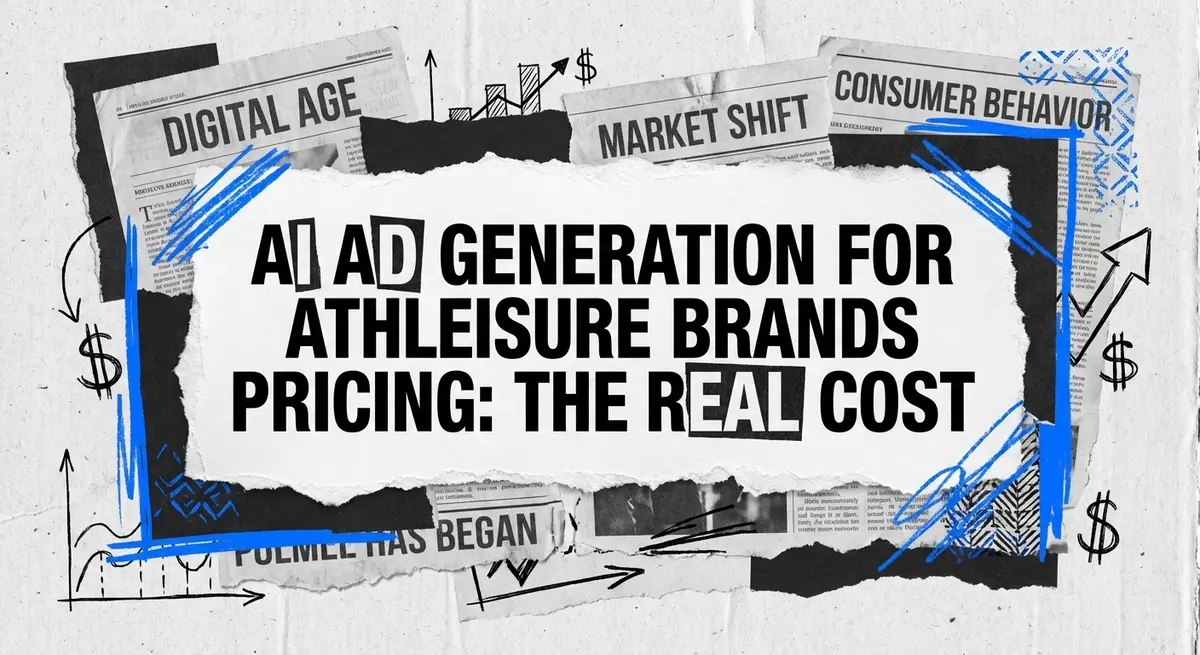 Torn paper collage featuring ai ad generation for athleisure brands pricing concepts with electric blue accents