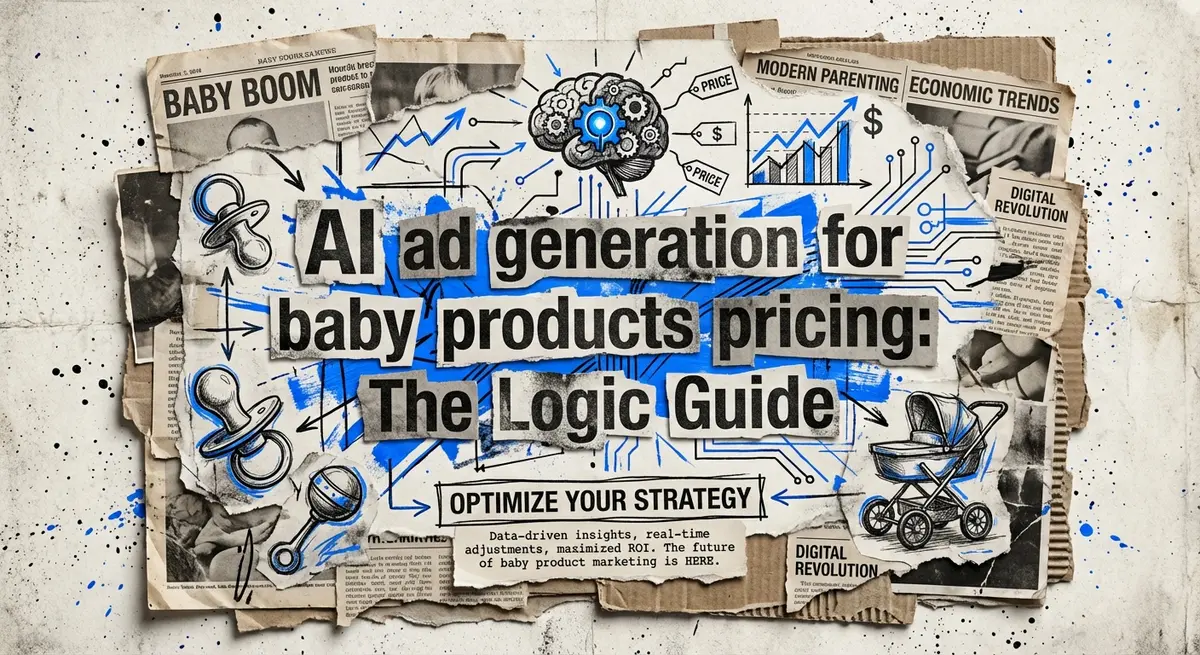 AI ad generation for baby products pricing torn paper collage art
