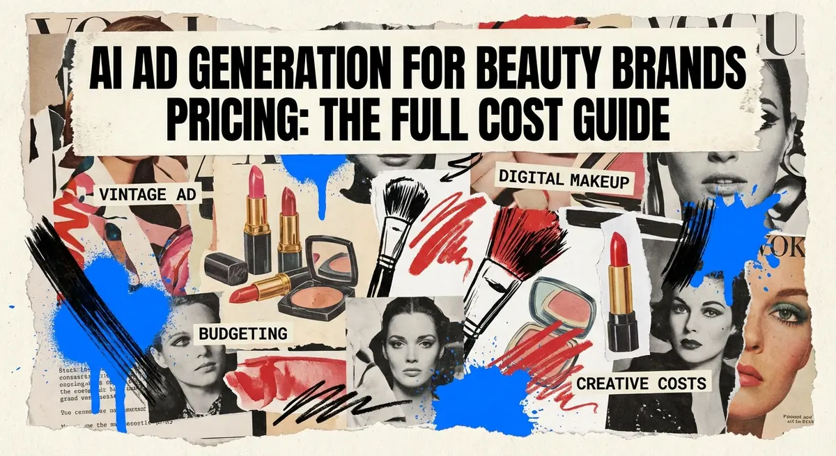 AI ad generation for beauty brands pricing collage with torn paper and electric blue accents