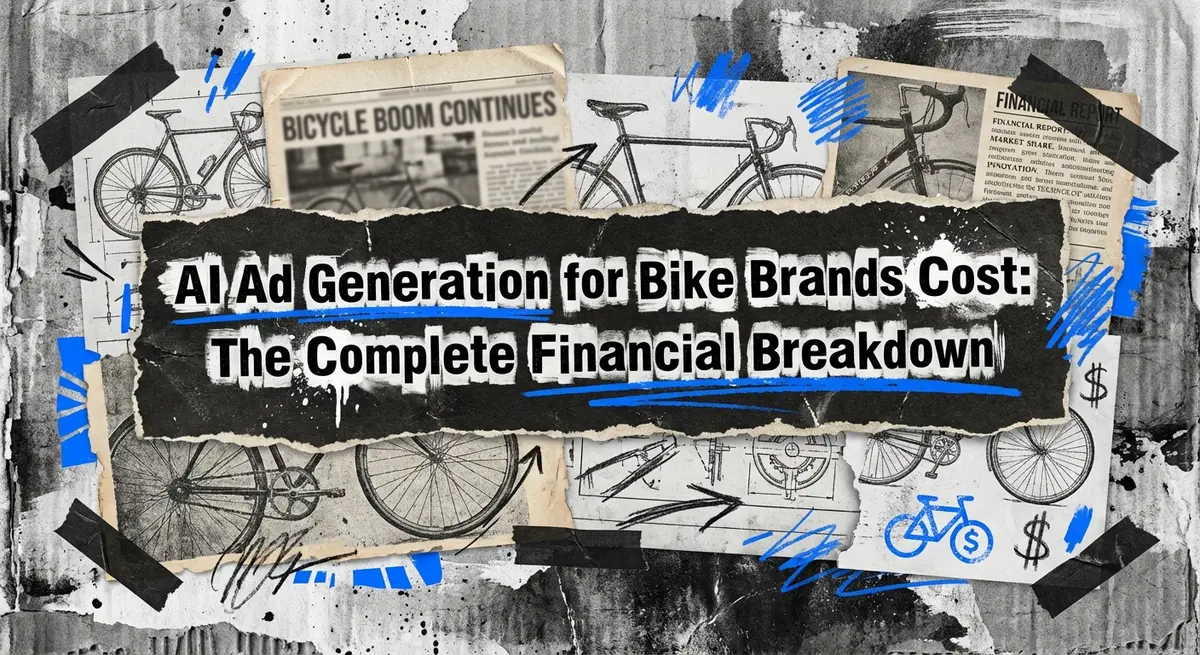 Torn paper collage featuring the title AI Ad Generation for Bike Brands Cost with electric blue accents