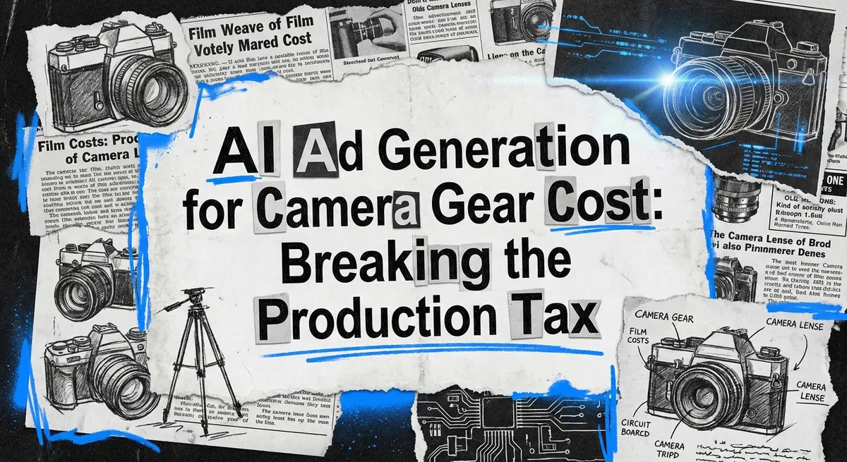 Torn paper collage art illustrating ai ad generation for camera gear cost reduction