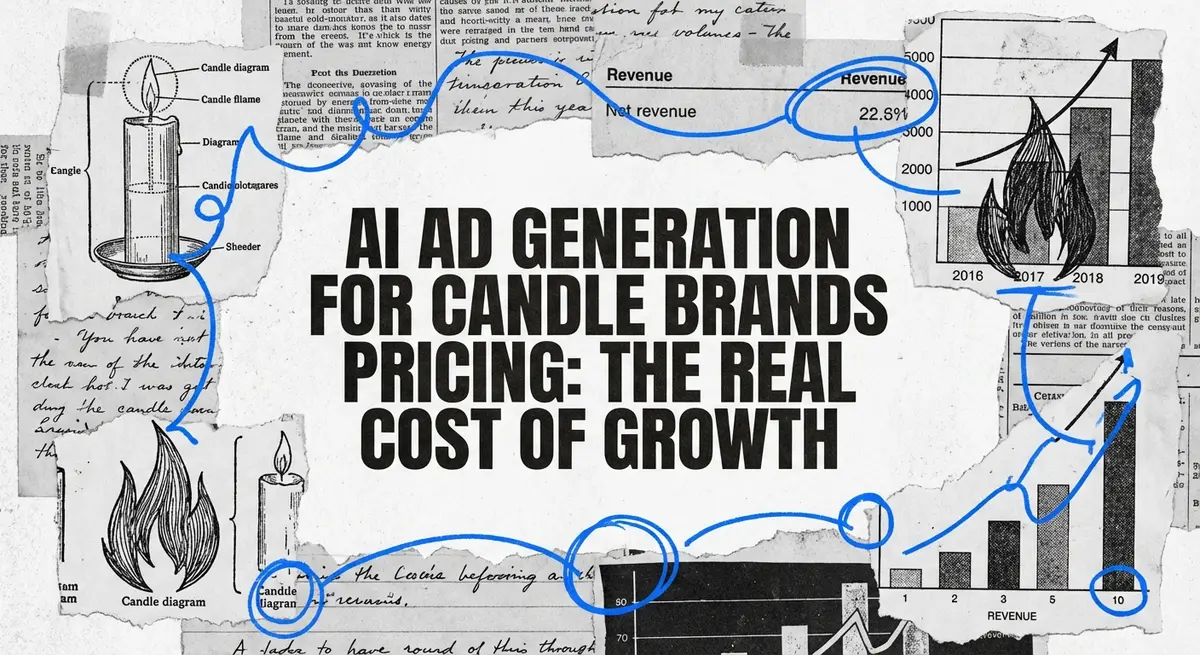 AI ad generation for candle brands pricing collage with torn paper and electric blue accents