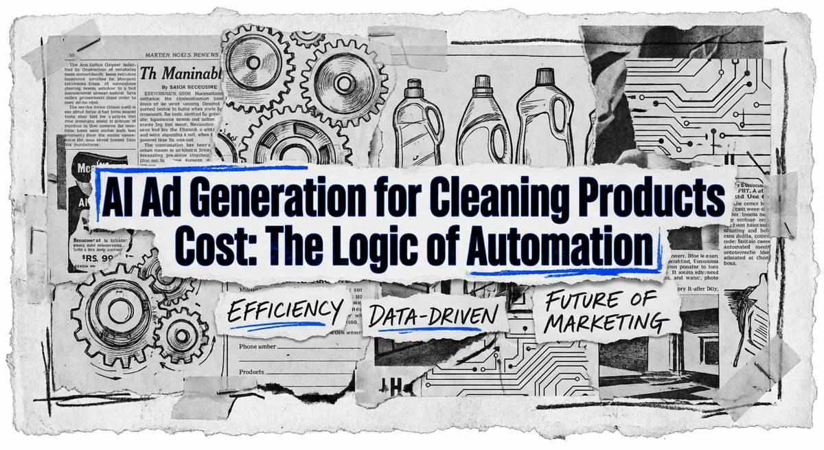 AI Ad Generation for Cleaning Products Cost collage with torn paper and electric blue accents