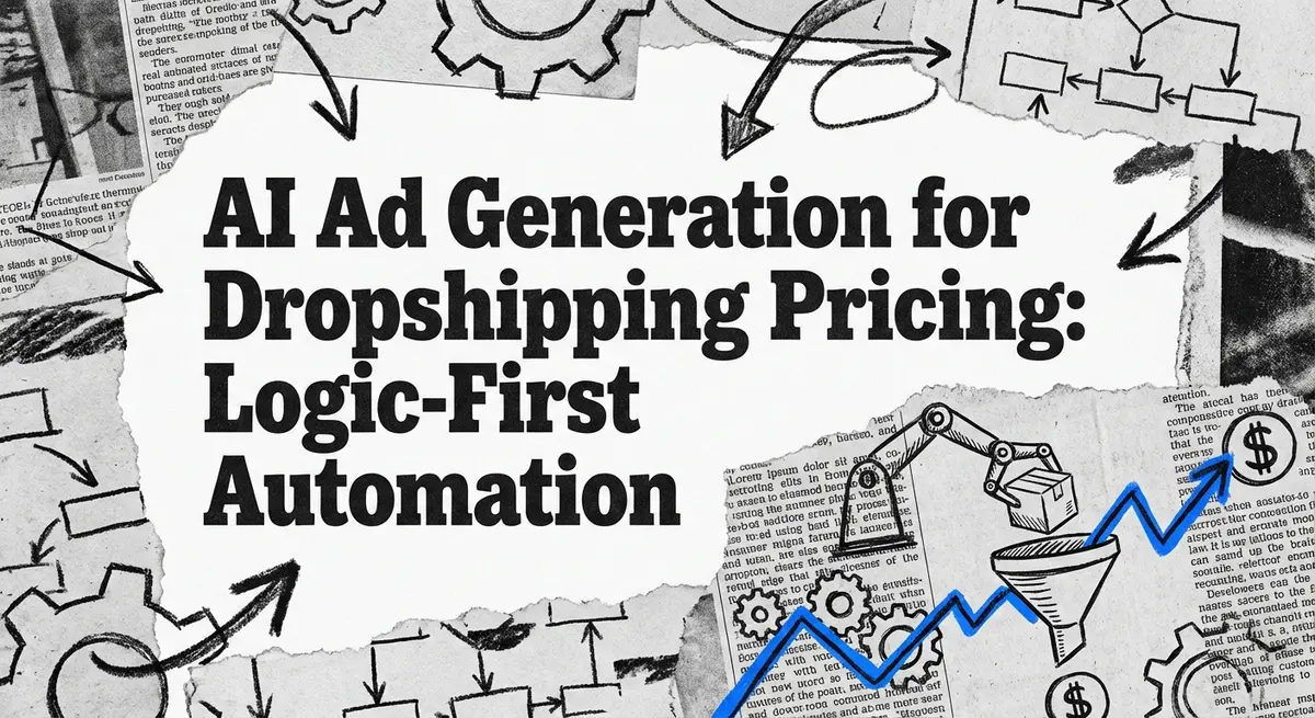 AI ad generation for dropshipping pricing automation collage with torn paper effect